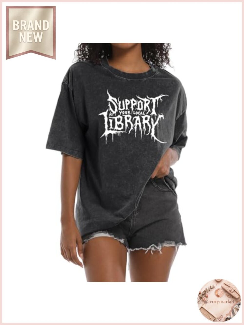 Gothic Acid Wash T-Shirt Oversized Graphic Tee Support Local Library Streetwear